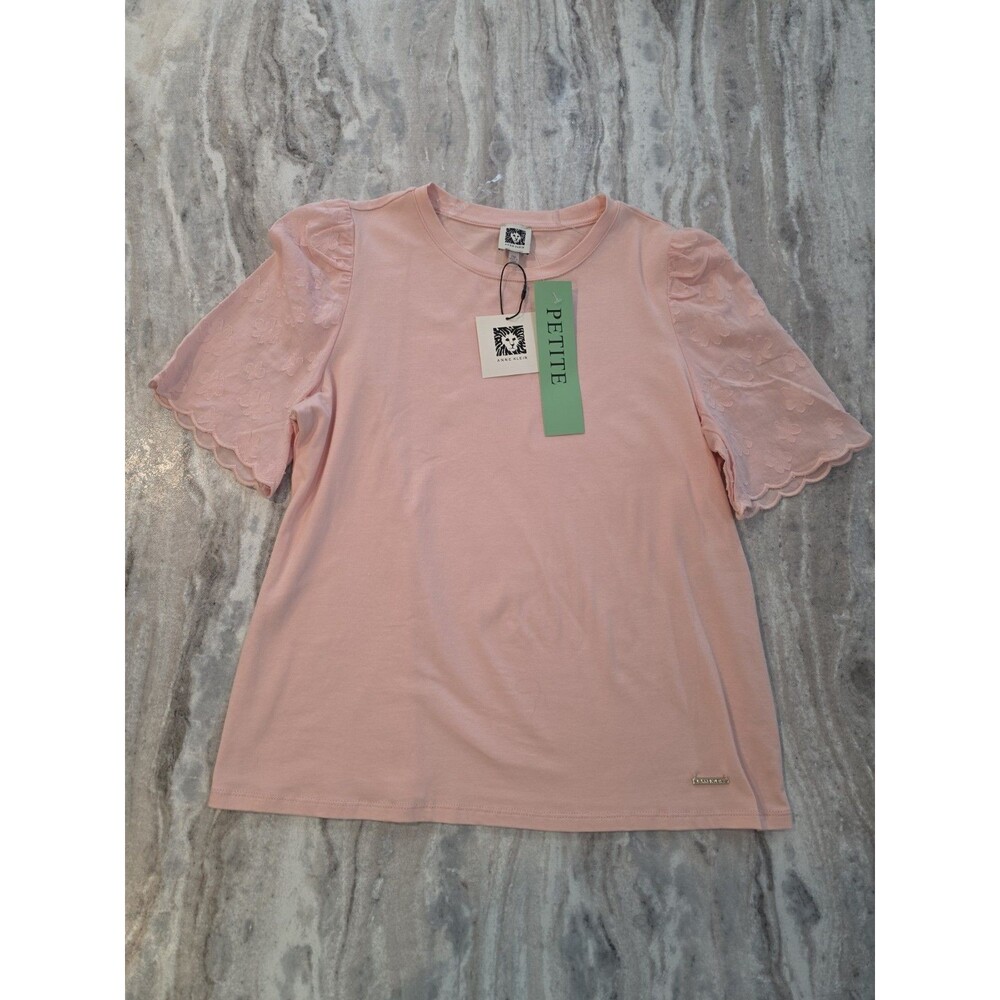 Anne Klein Petite Pink Top with Sheer Embroidered Floral Sleeves- Medium P